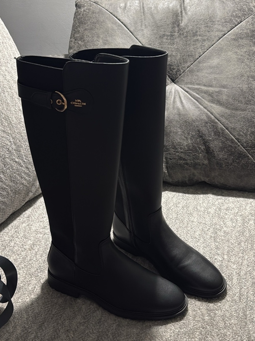 Coach Black Tall Leather Riding Boots with Gold Logo Accent